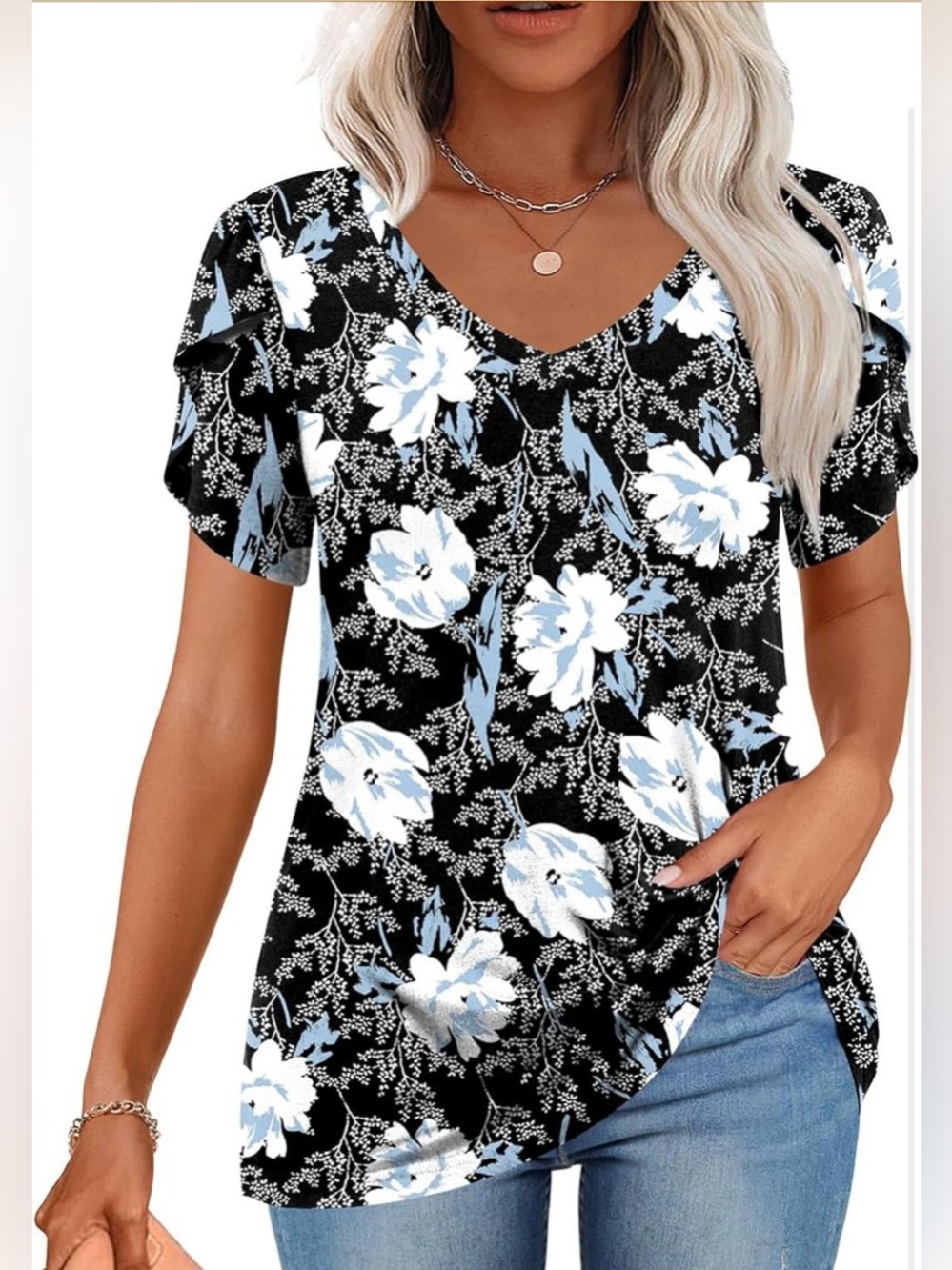Cathy V-Neck Short Sleeve Floral Tee - Black & Light Blue
